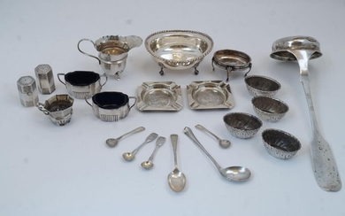 A collection of silver and white metal items, including: a Continental fiddle pattern silver ladle, 12 loth standard, 32cm long; a set of oval silver salts, Sheffield, 1890, James Dixon & Sons, with scalloped rims and embossed with flowers, a pair...