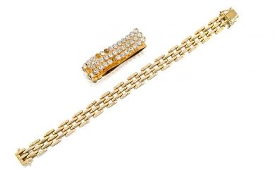 A continental gate-link bracelet, length 18.5cm; and a paste-set gilt clip (2)