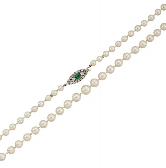 A cultured pearl, emerald and diamond necklace,...