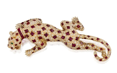 A diamond, ruby and emerald leopard clip brooch, designed as a crouching leopard with pave diamond body and square-cut ruby spots, with calibre ruby collar and emerald eyes, stamped 18k, approx. length 7.5cm