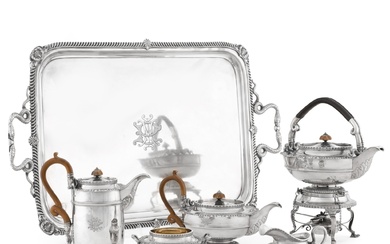 A five-piece silver tea and coffee service, with tray, James...