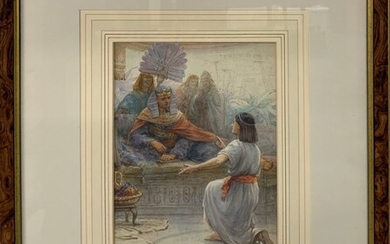 A framed watercolour of an Egyptian scene with indistinct signature (Ambrose Dus??). Frame size 43 x 52cm.