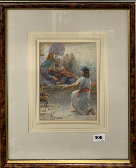 A framed watercolour of an Egyptian scene with indistinct signature (Ambrose Dus??). Frame size 43 x 52cm.