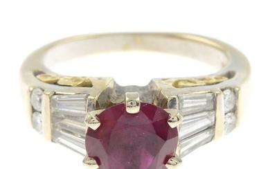 A glass-filled ruby and diamond bi-colour ring.Estimated total...