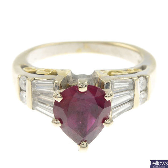 A glass-filled ruby and diamond bi-colour ring.