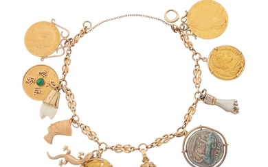 A gold charm bracelet, suspending eleven charms, some with m...