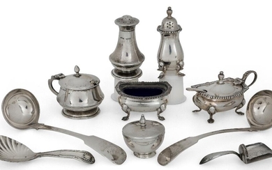A group of silver cruets and spoons comprising: a pair of Scottish silver sauce ladles, Edinburgh, 1830, Donald Fraser; a Georgian silver caddy spoon in the form of a coal shovel, Birmingham, 1809, maker's mark rubbed; a second silver caddy spoon...