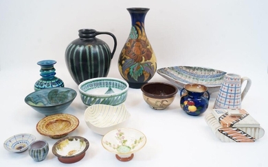 A group of various studio pottery, 20th century, to include: a large Gouda Pottery vase with stick-on label and backstamp, 32cm high, a Tessa Fuchs footed bowl in blue and green colour way with maker's mark to underside, 15.5cm diameter, a Rowan...
