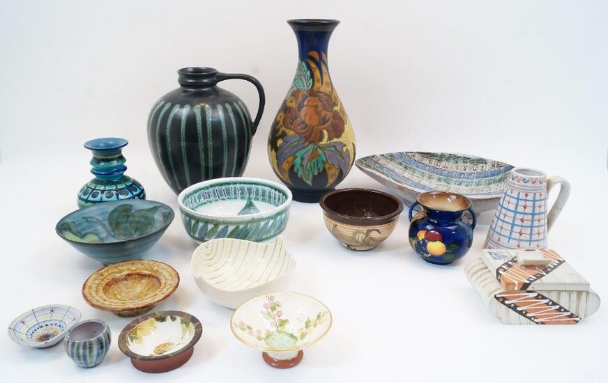 A group of various studio pottery, 20th century, to include: a large Gouda Pottery vase with stick-on label and backstamp, 32cm high, a Tessa Fuchs footed bowl in blue and green colour way with maker's mark to underside, 15.5cm diameter, a Rowan...