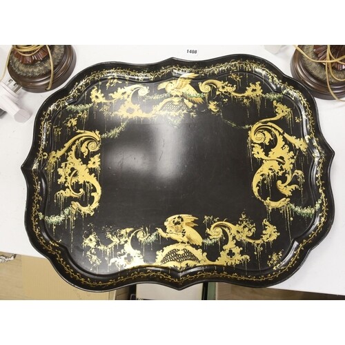 A large 19th century japanned papier mache tray, by B. Walto...