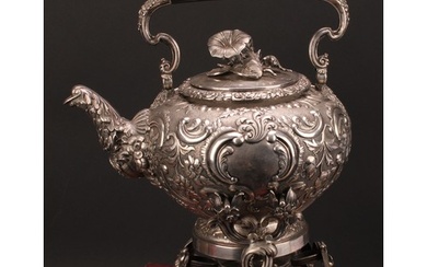 A large French Rococo Revival silver plated spirit kettle, b...