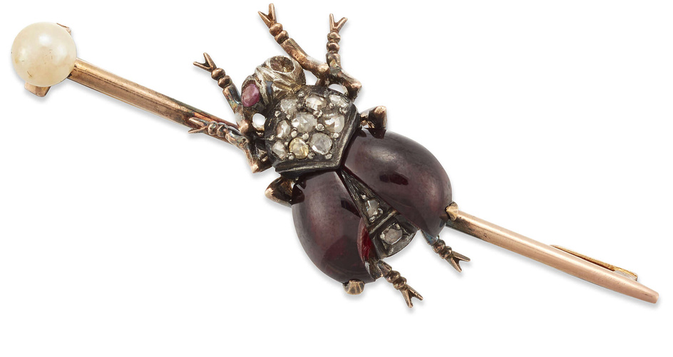 A late 19th century garnet, diamond and ruby beetle, the...