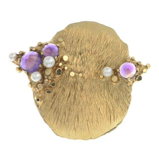 A mid 20th century 14ct gold amethyst and seed pearl