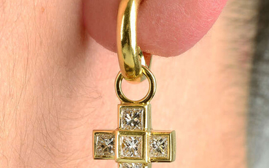 A pair of 18ct gold half hoop earrings, with square-shape diamond cross detachable drop, by Theo Fennell.