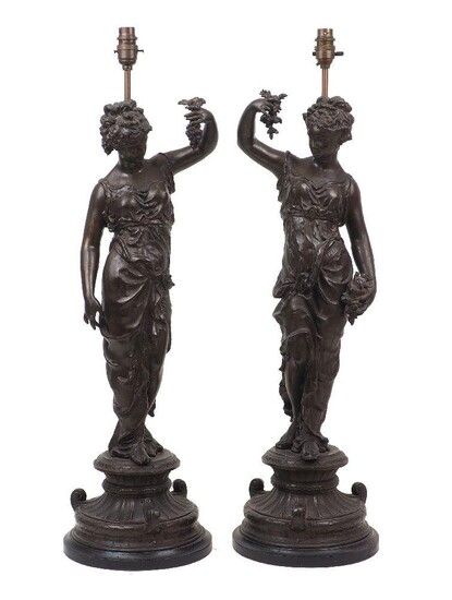 A pair of French spelter figural lamps, late 19th century, modelled as female bacchante, 70cm high (2)