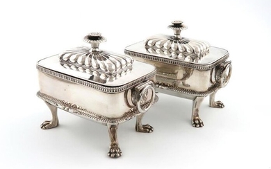 A pair of George III Old Sheffield plated sauce tureens and covers, circa 1810, rounded rectangular form, the pull-off covers with fluted decoration and fluted finials, lion mask drop ring handles, on four paw feet, length 17cm. (2)