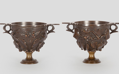 A pair of Grand Tour twin handled patinated bronze chalices. Late 19th Century.