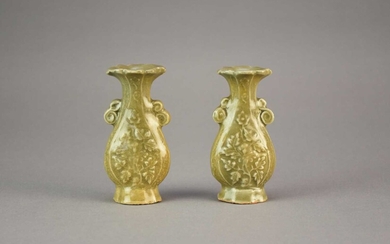 A pair of Longquan celadon vases, Yuan Dynasty