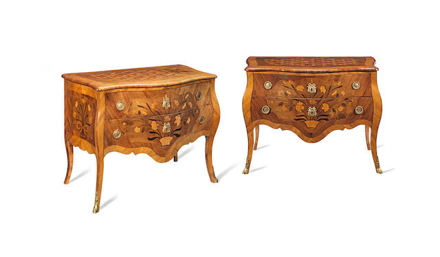A pair of South West German 18th century kingwood, rosewood, parquetry and marquetry commodes