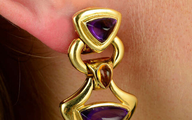 A pair of amethyst and citrine cabochon articulated earrings.