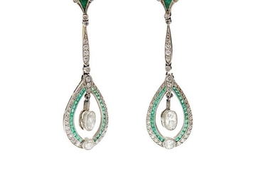 A pair of early 20th century emerald and diamond pendent earrings, circa 1910