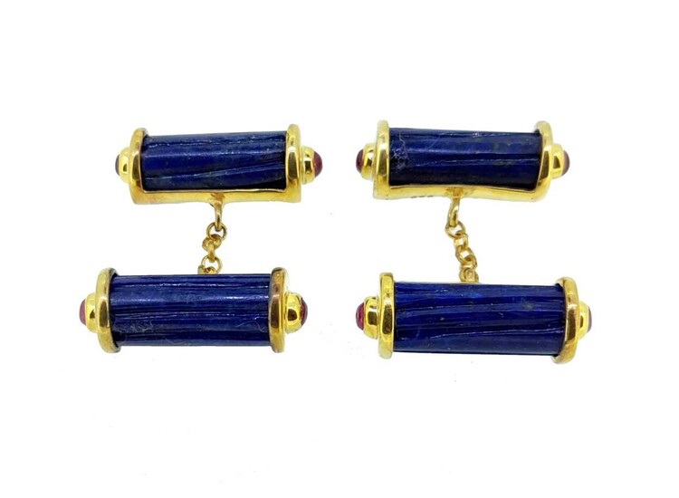 A pair of lapis lazuli and ruby set cufflinks