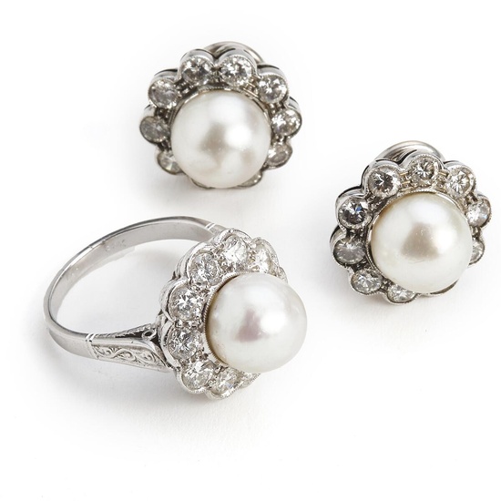 A pearl and diamond jewellery set comprising a ring and a pair...