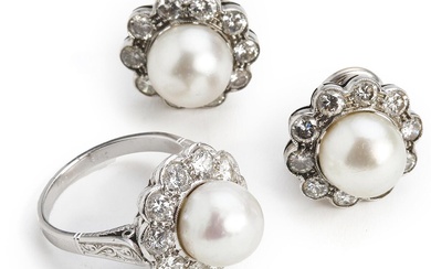 A pearl and diamond jewellery set comprising a ring and a pair...