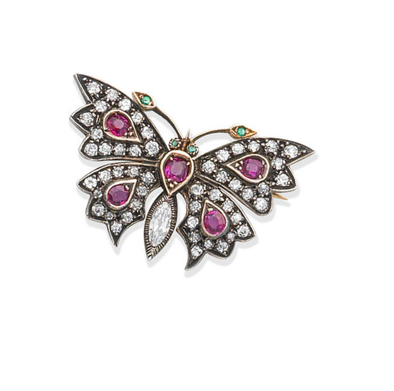 A ruby, emerald and diamond butterfly brooch,, circa 1890