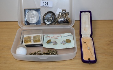 A selection of costume jewellery including cufflinks one pair depicting game birds, a floral motif