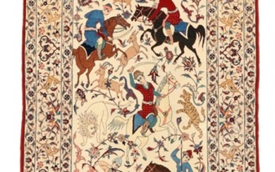 A signed Seirafian Isfahan rug, kork wool on silk warps, classical hunting scenery on an ivory base. Circa 1960–1970s. 181×105 cm.