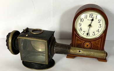A small Regency style mantel clock, with arched case, 26cm high; together with brass and painted