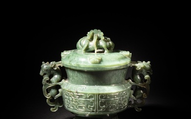 A spinach-green jade 'chilong' censer and cover, Qing dynasty |...