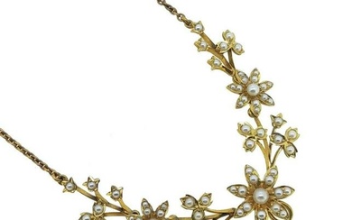 A split pearl necklace, graduated floral centrepiece, set with split pearls, verso, a vacant hook on
