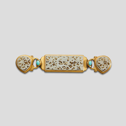 A three-section celadon jade and gilt metal belt buckle