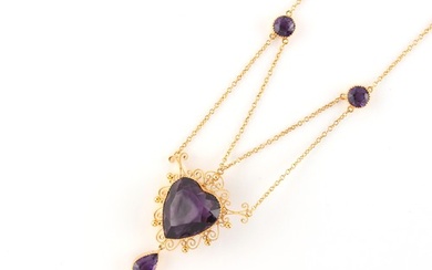 A yellow gold cannetille amethyst necklace, the heart shaped...