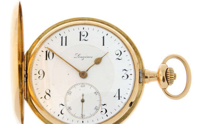 A yellow metal full hunter pocket watch by Longines, 50gms.