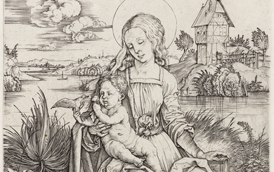 ALBRECHT DÜRER The Virgin and Child with the Monkey. Engraving, circa 1498. 189x12...
