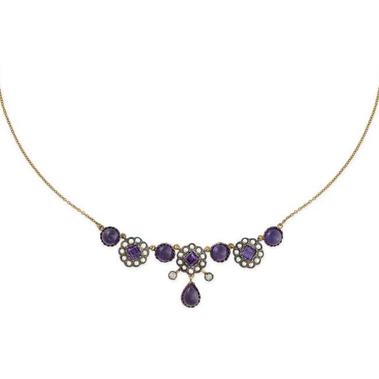 AN AMETHYST, PEARL AND DIAMOND NECKLACE Step-cut and