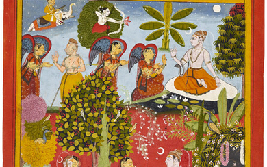 AN ILLUSTRATION FROM A GITA GAURI SERIES: SHIVA FEEDS PARVATI IN A FOREST GROVE INDIA, RAJASTHAN, MEWAR, CIRCA 1680-1700