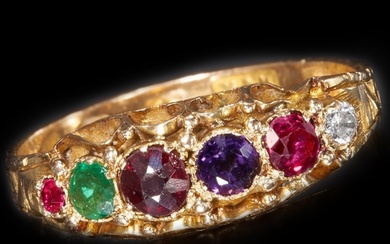 ANTIQUE REGARD RING, 15 ct. gold. Set with a Ruby, Emerald, ...