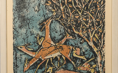 AXEL SALTO. Deer, color woodcut, signed.