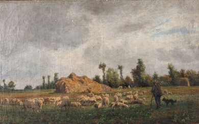 Adolphe MARAIS 1856-1940 "Le berger et son troupeau" HST, SBD, 40x67cm