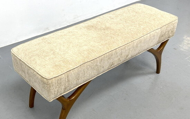Adrian Pearsall style Walnut Upholstered Bench. Tan Upholstered Bench.