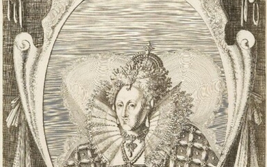 After Isaac Oliver, British 1560-1617- Queen Elizabeth I; engraving, 24.5x17cm:...