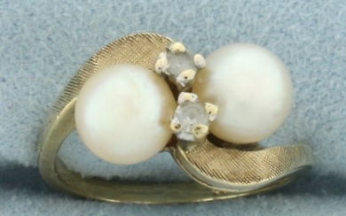 Akoya Pearl and White Sapphire Moi et Toi Ring in 10k Yellow Gold