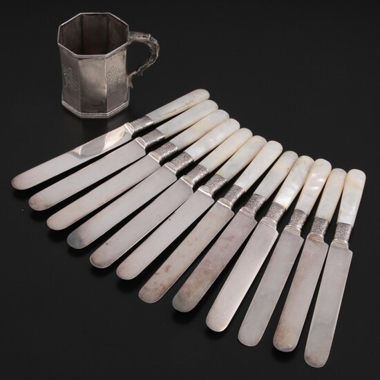 American Mother-of-Pearl and Sterling Handle Knives and Chased Silver Baby Cup