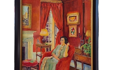 American New York-Lilian MacKendrick 1906-1987 O/C Interior Painting Seated Lady