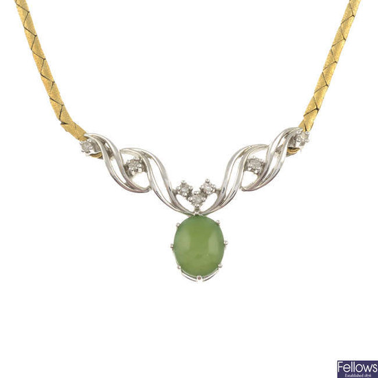 An 18ct gold nephrite jade and diamond necklace.