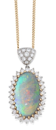An 18ct gold, opal and diamond pendant necklace, the central oval cabochon opal in claw-set mount with white gold mounted brilliant-cut diamond line border, to a pave diamond loop suspension, London hallmarks for 18ct gold, length including pendant...